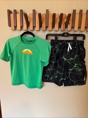 Kids Green Rash Guard Swim Shirt & Black Green Marble Swim Trunks Set